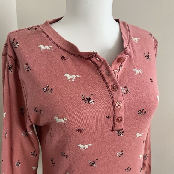 Bit and Bridle Horse Print Thermal Henley Top M Pink Equestrian Cowgirl Country - Picture 8 of 11
